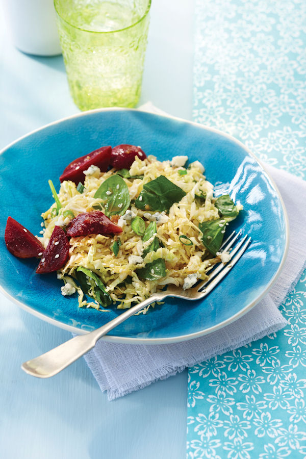 Spinach and Savoy Cabbage Slaw with Roasted Beets and Sesame Vinaigrette