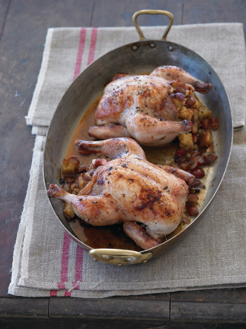 Roasted Game Hens with Spiced Grape and Almond Dressing