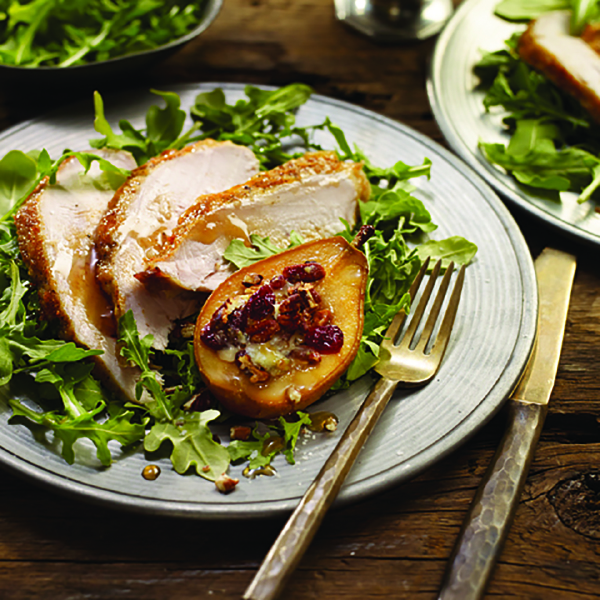 Roasted Turkey Breast with Gorgonzola, Baked Pears and Toasted Pecans