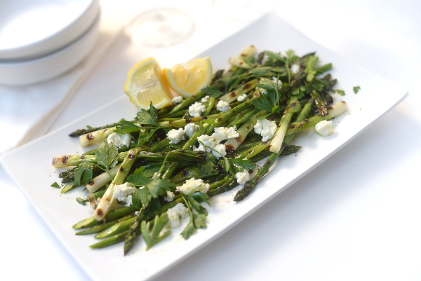 Grilled Asparagus, Green Onions, Beans and Goat Cheese