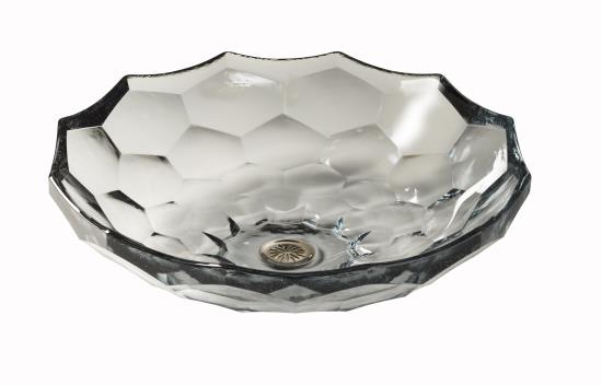 Glass vessel sink which would be perfect on a deco-inspired vanity.